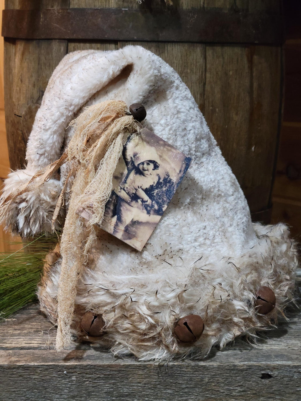 Handcrafted Primitive Farmhouse Santa Hat | Shabby Chic Nostalgic Cream Plush Santa with Rusty Jingle Bells | Limited Edition Shelf Sitter