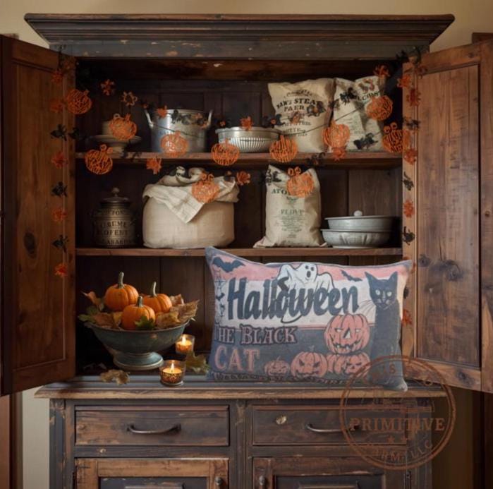 Vintage Black Cat Halloween Pillow | Primitive Farmhouse Rustic Shelf Sitter