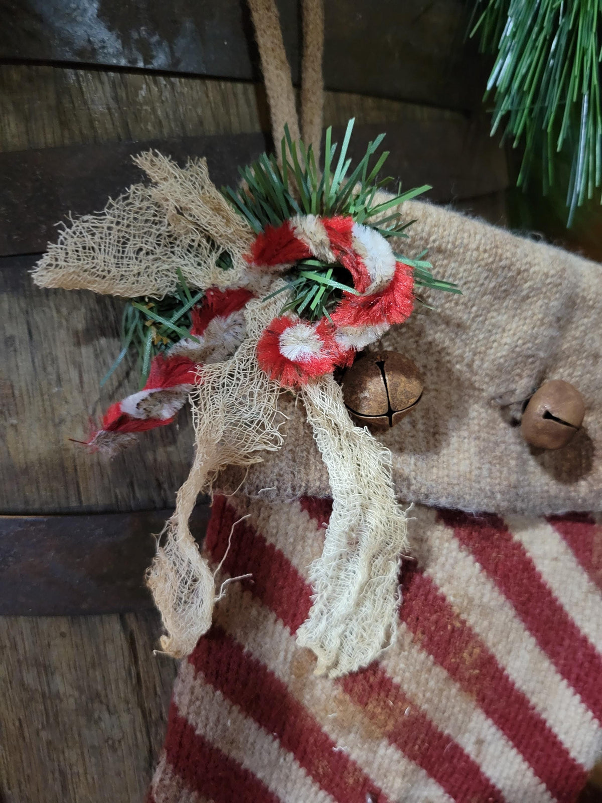 Primitive Knit Christmas Stocking: Grunged, Rusty Bells, Cinnamon Scented, Santa Claus Tag