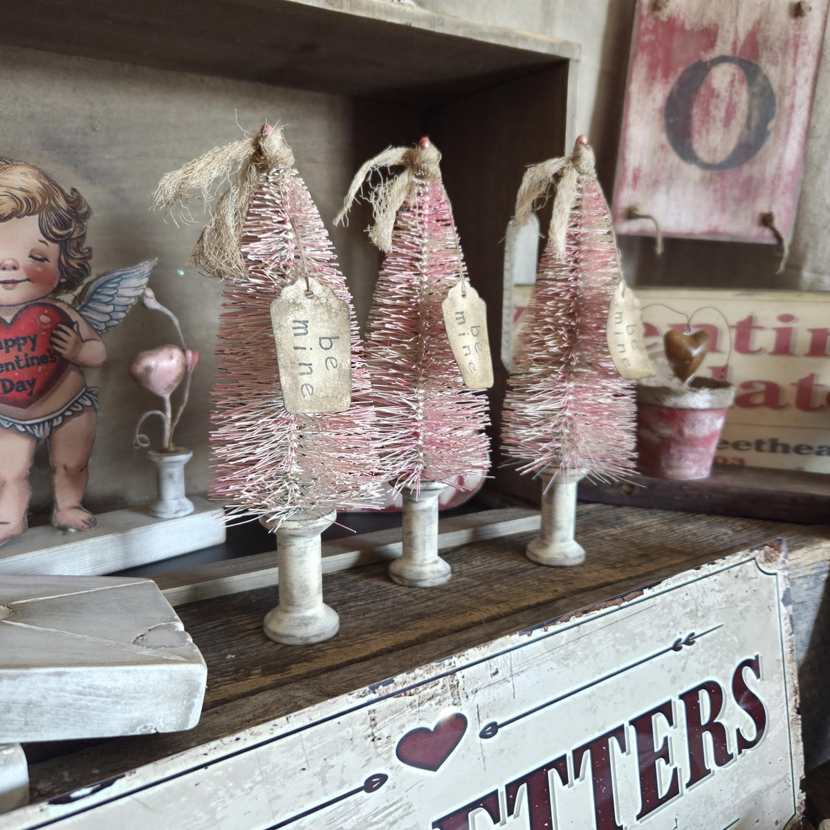 Primitive Valentine Bottle Brush Trees Set | Hand Painted Distressed Farmhouse Decor