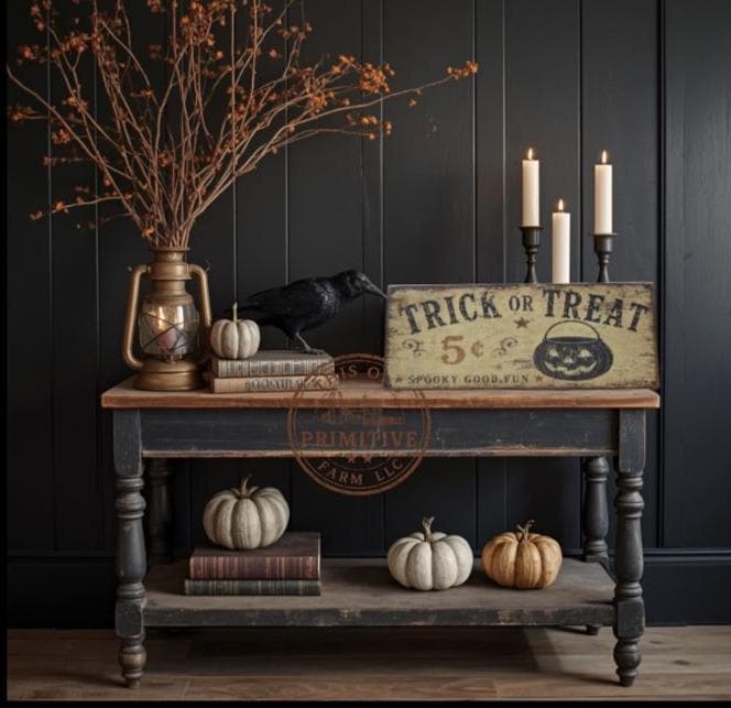Primitive Halloween Trick or Treat Sign | Rustic Folk Art Wood Decor (13" x 5")