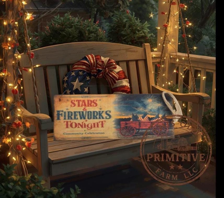 Primitive Stars and Fireworks Tonight Sign – Rustic Farmhouse Americana Decor – Folk Art Patriotic Sign