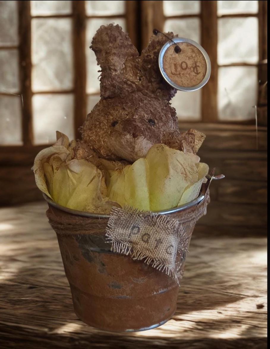 Primitive Cinnamon Grunged Bunny Pail – Mercantile Spring Shelf Accent – Farmhouse Easter Decor