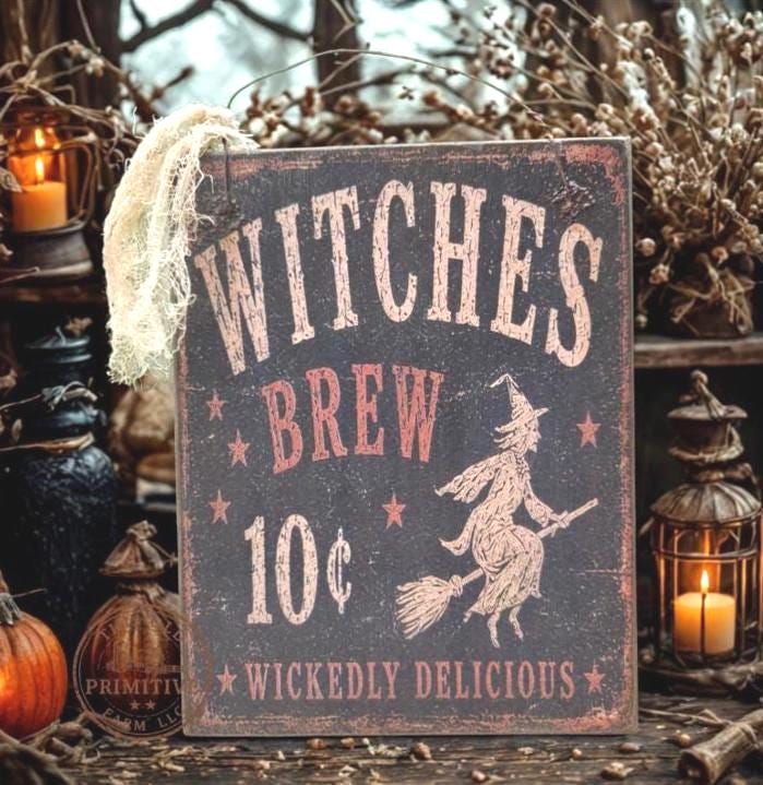 Primitive Witches Brew Sign | Vintage Halloween Folk Art Decor