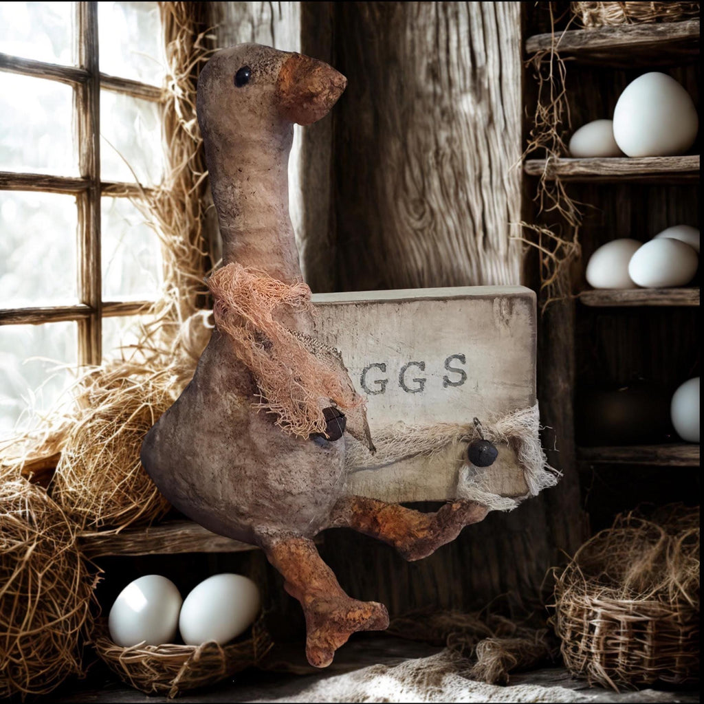 Primitive Farmhouse Goose Shelf Sitter | Rustic Spring Easter Decor, Hand-Stamped EGGS Wood Block