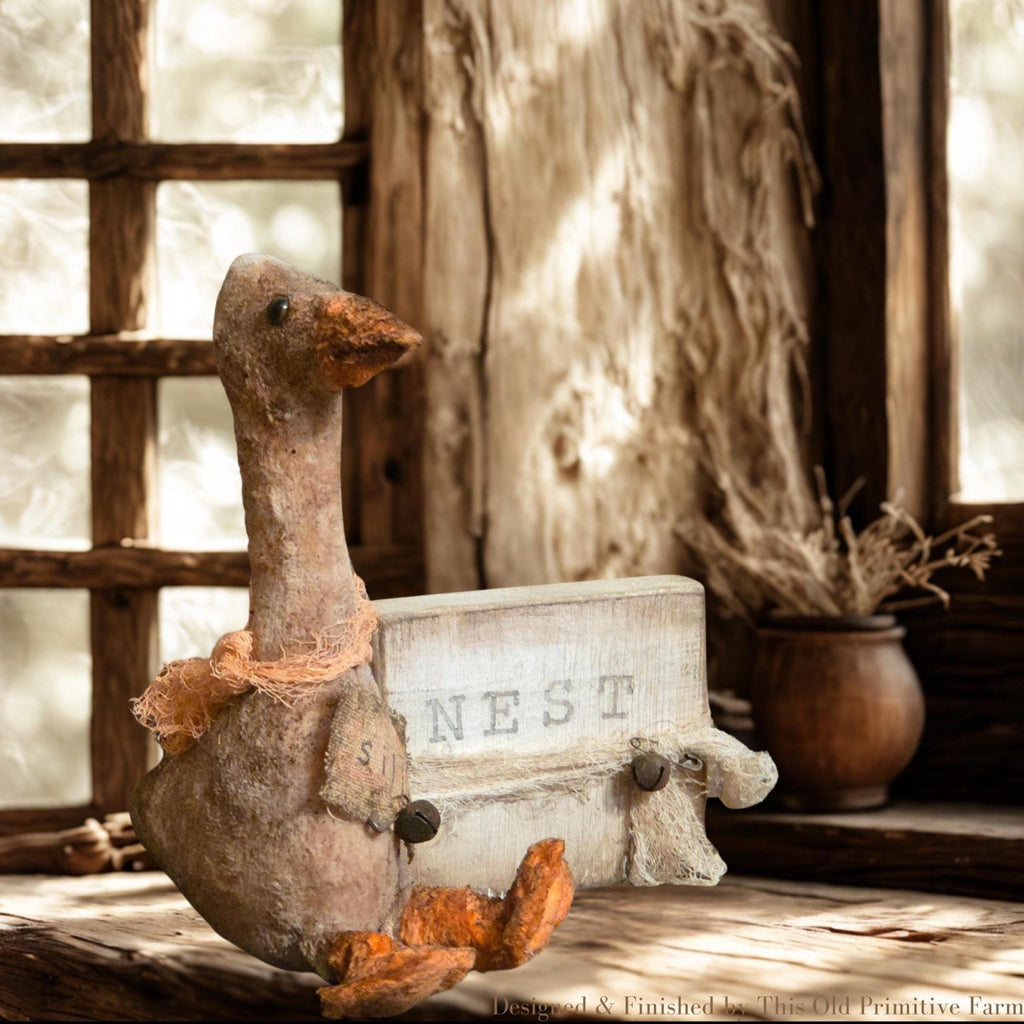 Primitive Farmhouse Goose Shelf Sitter | Rustic Spring Easter Decor, Hand-Stamped NEST Wood Block