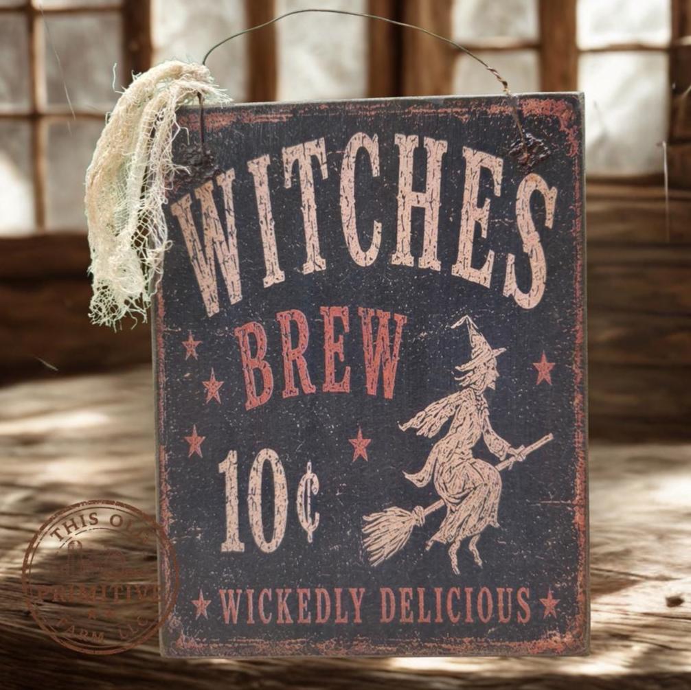Primitive Witches Brew Sign | Vintage Halloween Folk Art Decor