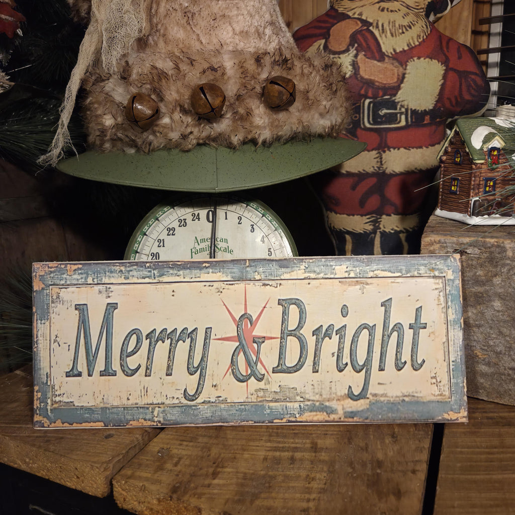 Merry & Bright Rustic Farmhouse Christmas Wood Sign (13x5)