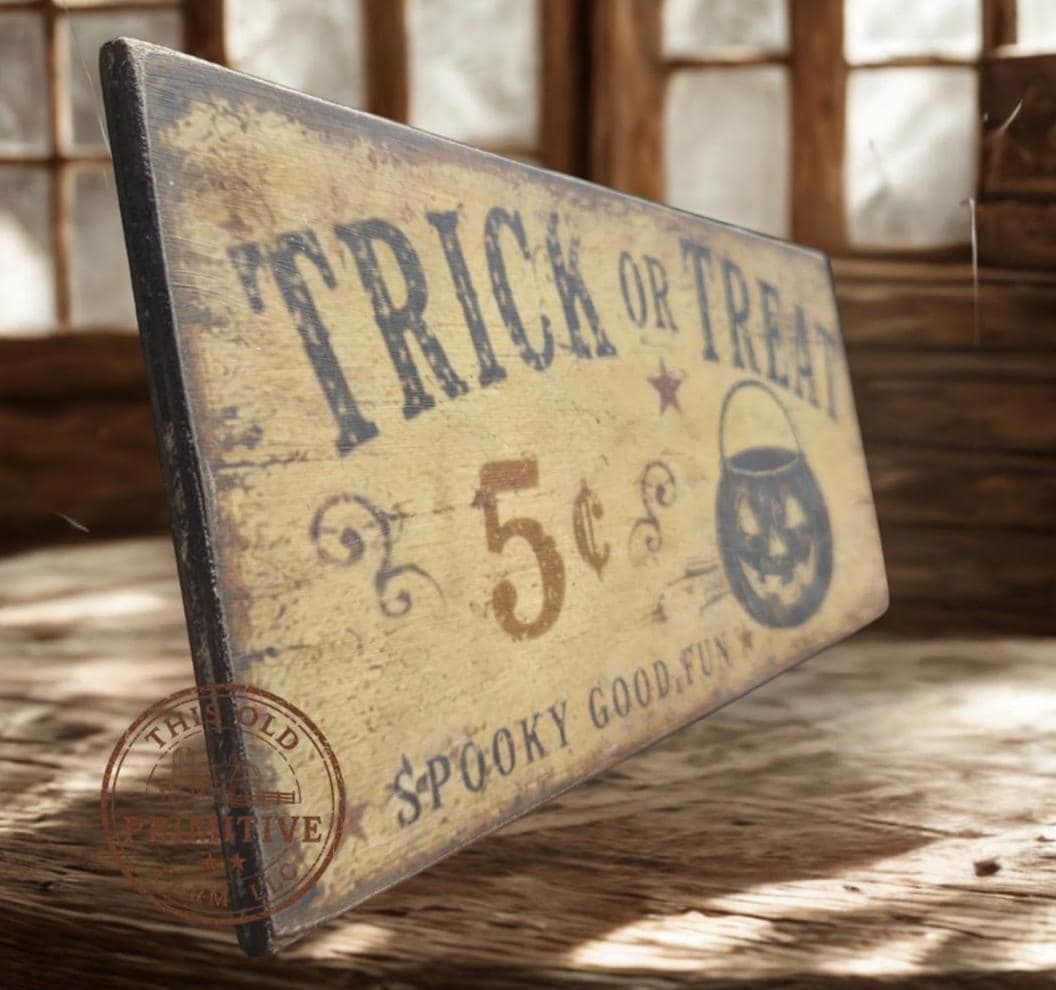 Primitive Halloween Trick or Treat Sign | Rustic Folk Art Wood Decor (13" x 5")