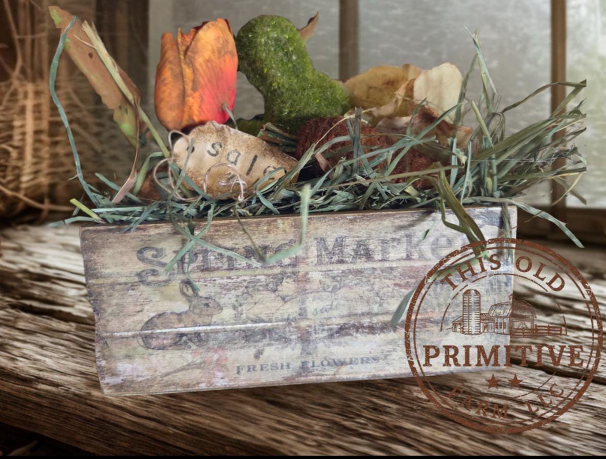 Limited Edition Primitive Folk Art Bunny Figurine | Hand-Aged Farmhouse Spring Decor Crate