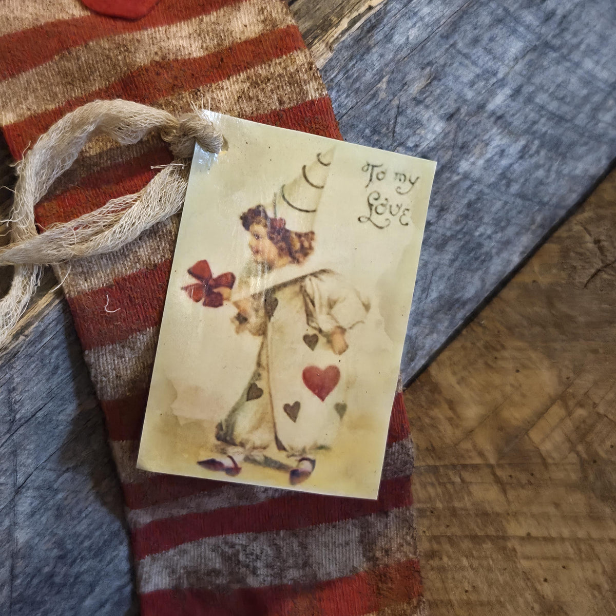 Primitive Valentine Stocking | Cinnamon Grunged Red Stripe Sock | One of a Kind Rustic Valentine Decor