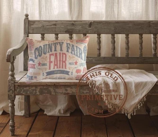 Primitive Farmhouse County Fair Pillow, Rustic Folk Art Accent, Vintage Decor