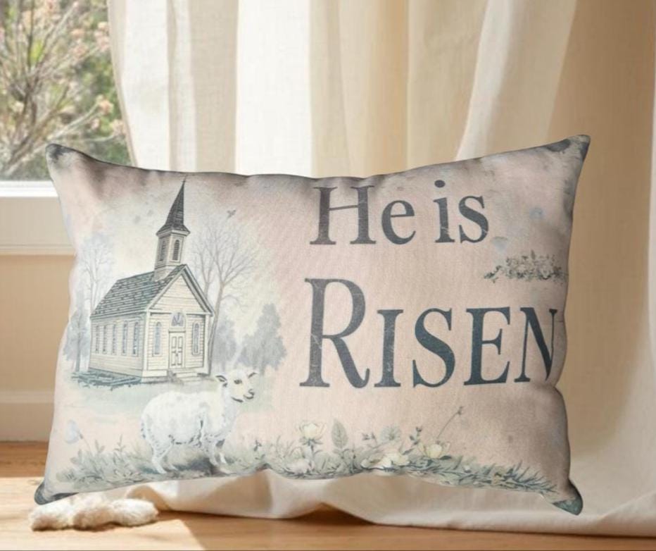 Primitive He Is Risen Throw Pillow – Rustic Easter Church Decor – Farmhouse Spring Accent – 12x17