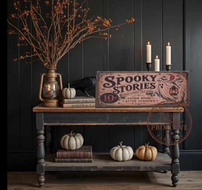 Primitive Spooky Ghost Stories Sign | Vintage Halloween Folk Art Decor (13" x 5")
