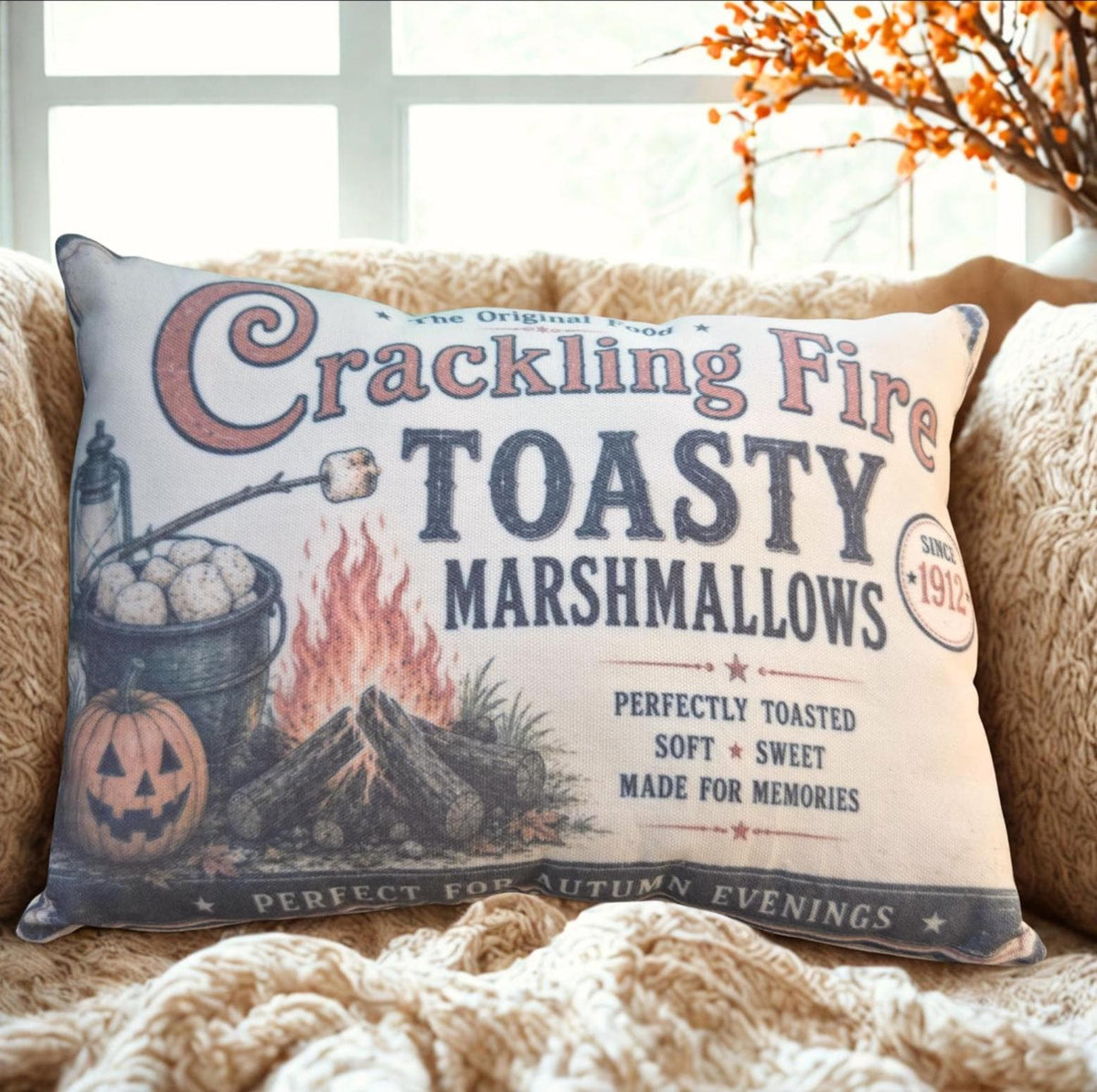 Crackling Fire Toasty Marshmallows Pillow | Vintage Mercantile Autumn Decor