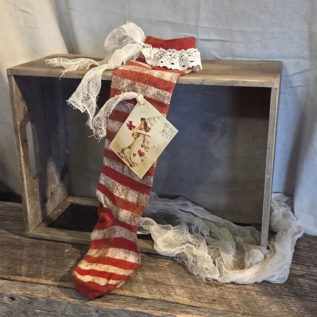 Primitive Valentine Stocking | Cinnamon Grunged Red Stripe Sock | One of a Kind Rustic Valentine Decor