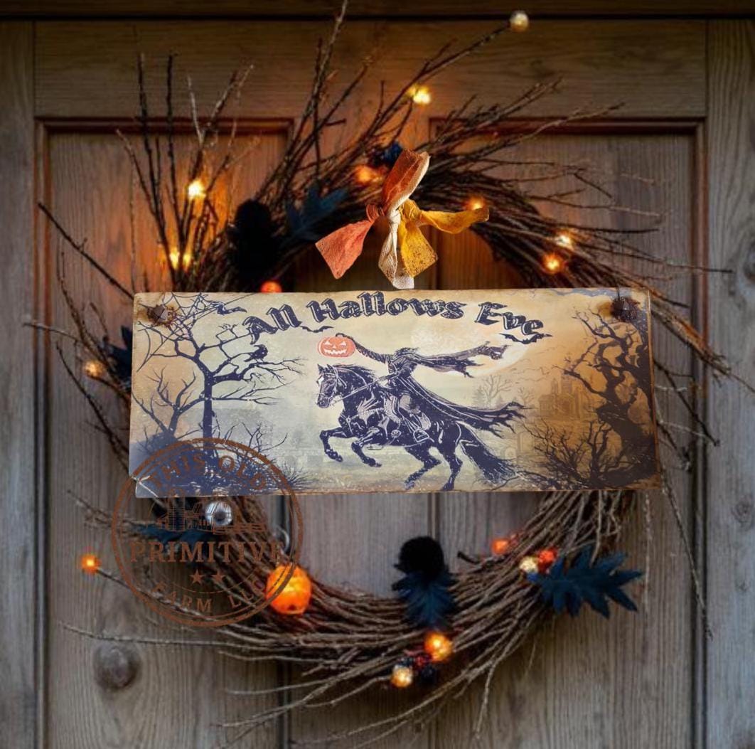 Primitive Halloween All Hallows Eve Sign | Folk Art Wood Decor (13" x 5")