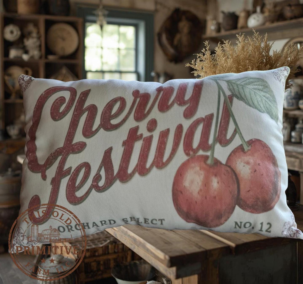 Cherry Festival Pillow | Primitive Farmhouse Feedsack Decor (12x17)