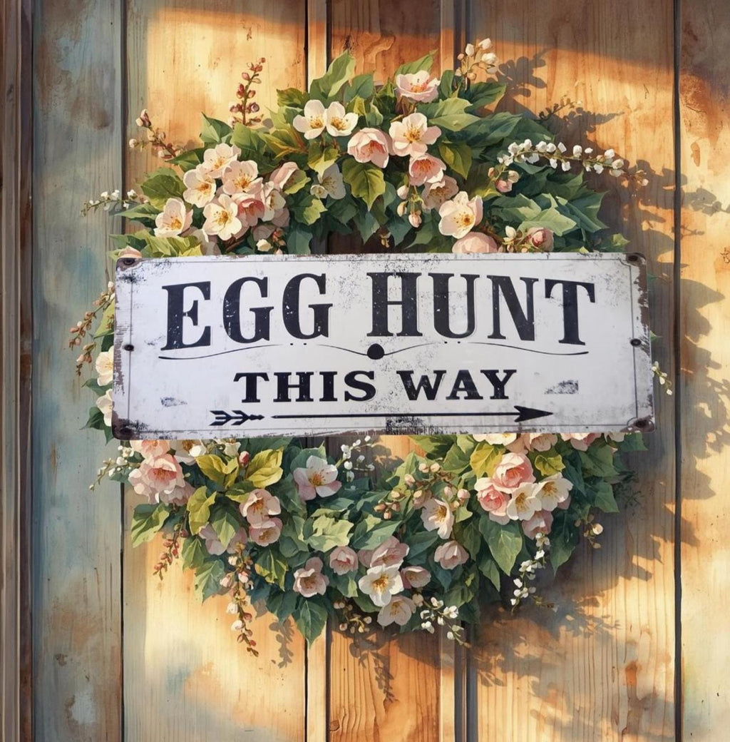 Primitive Egg Hunt Metal Sign | Rustic Farmhouse Spring Easter Decor