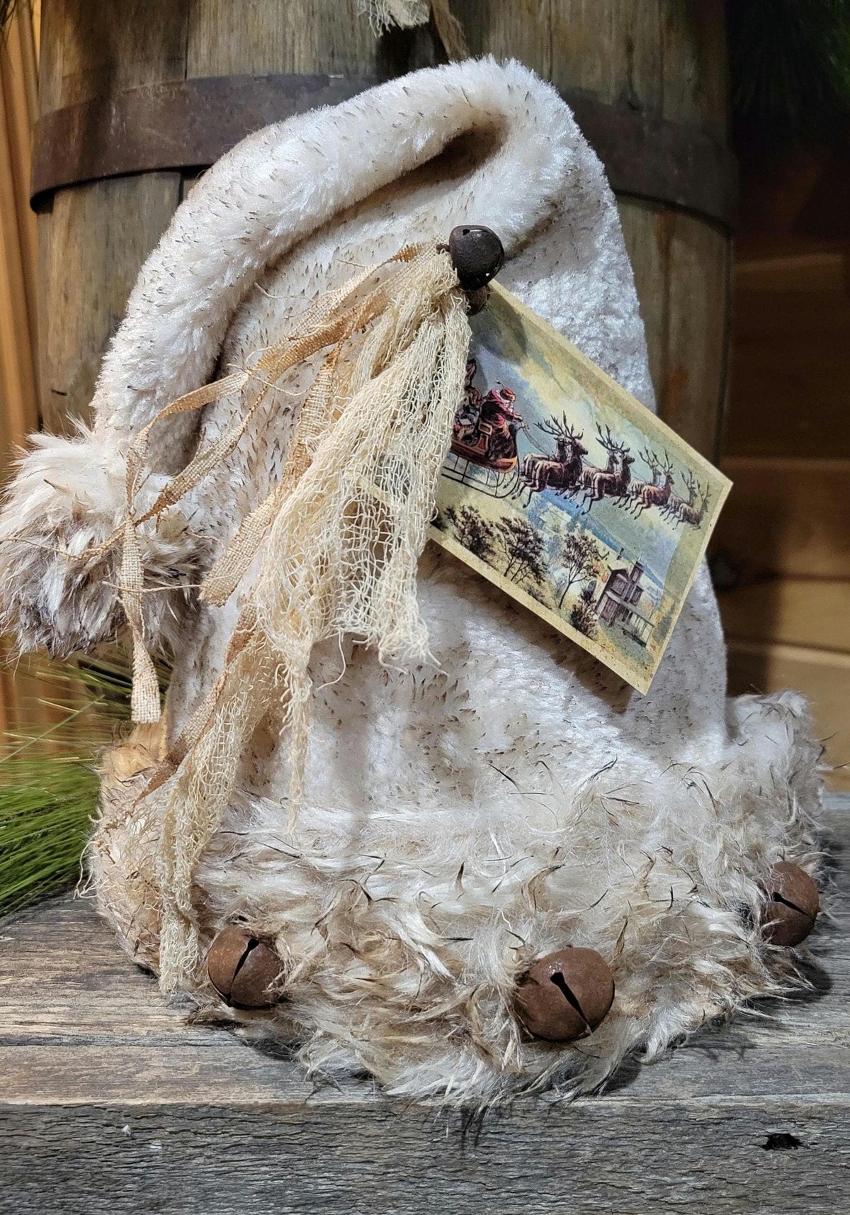 Premium Limited Edition Primitive Rustic Santa Hat Shelf Sitter | Handcrafted Cream Plush hat with Rusty Jingle Bells