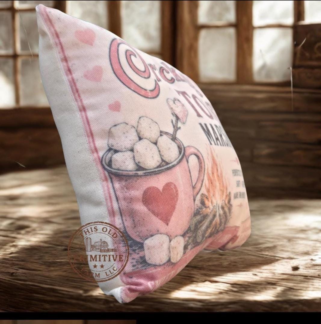Crackling Fire Toasty Marshmallows Pillow | Vintage Valentine Decor, Rustic Farmhouse Shelf Sitter