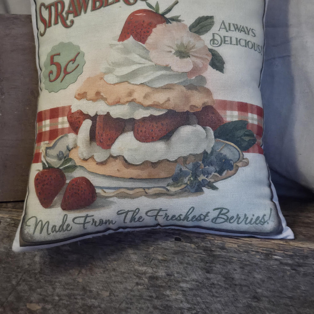 Primitive Strawberry Shortcake Pillow | Vintage Farmhouse Kitchen Accent, Nostalgic Food Art