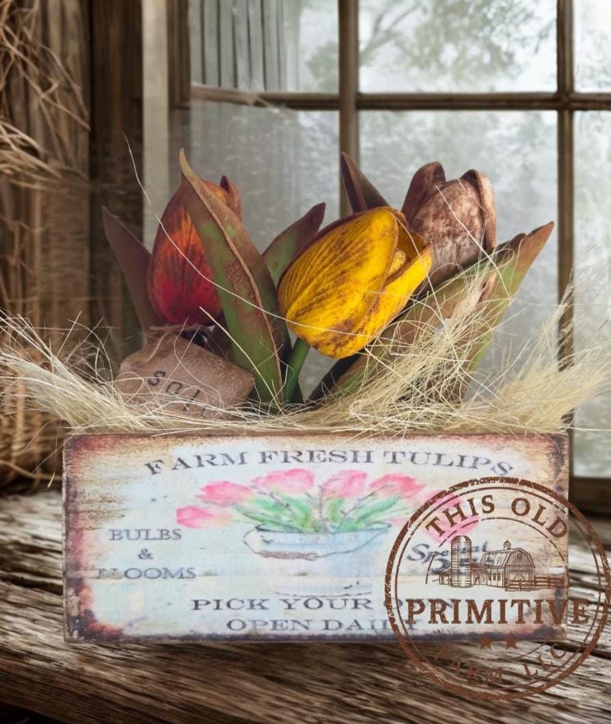 Primitive Tulip Crate – Farmhouse Spring Market Arrangement, Rustic Decor