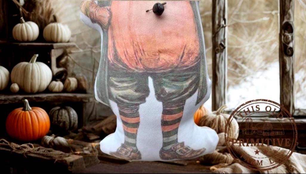 Primitive Mr. Pumpkin Patch Pillow Doll | Vintage Halloween Folk Art Decor