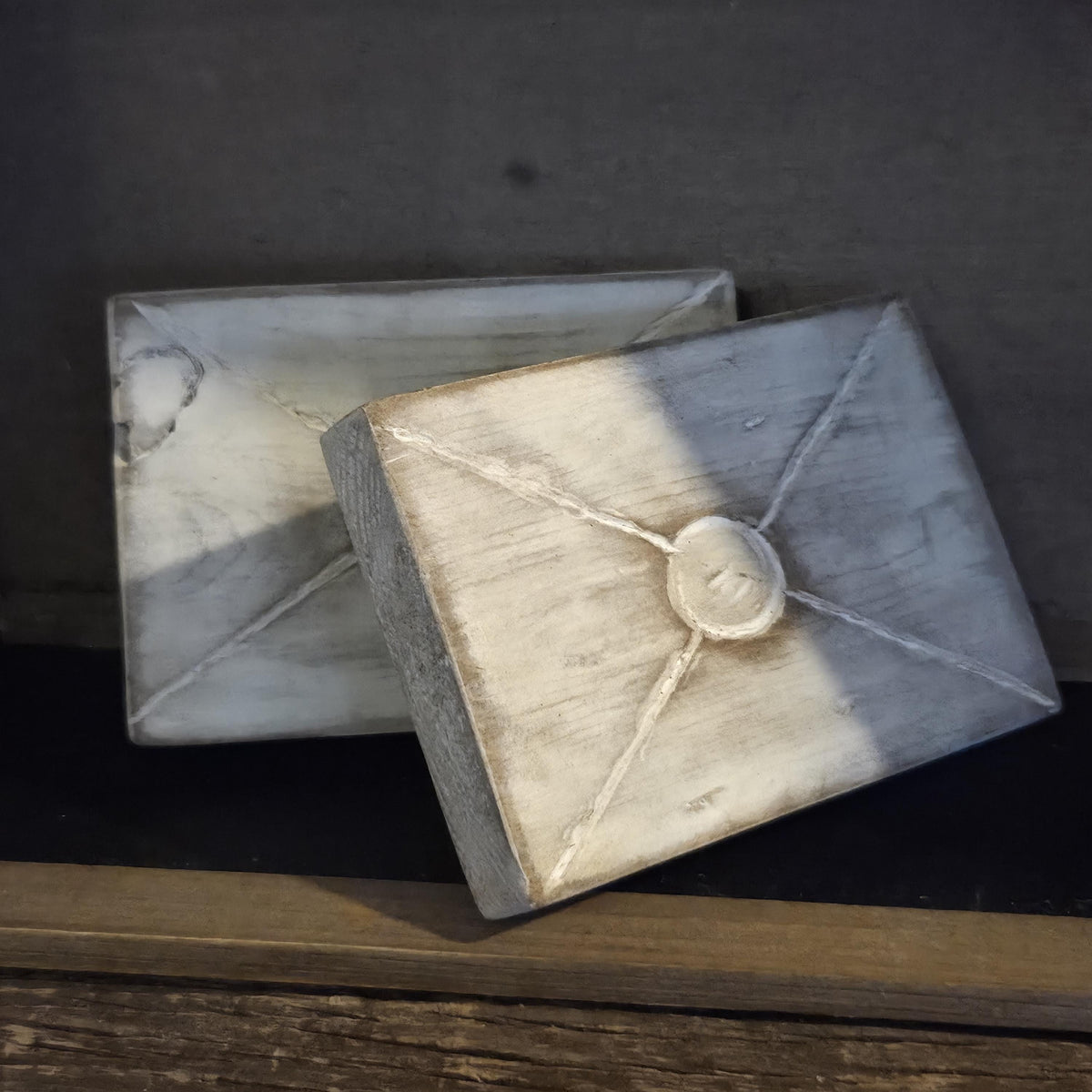 Primitive Wood Envelope Set | Original Hand Cut & Carved Love Letters with Faux Stamped Back Seal