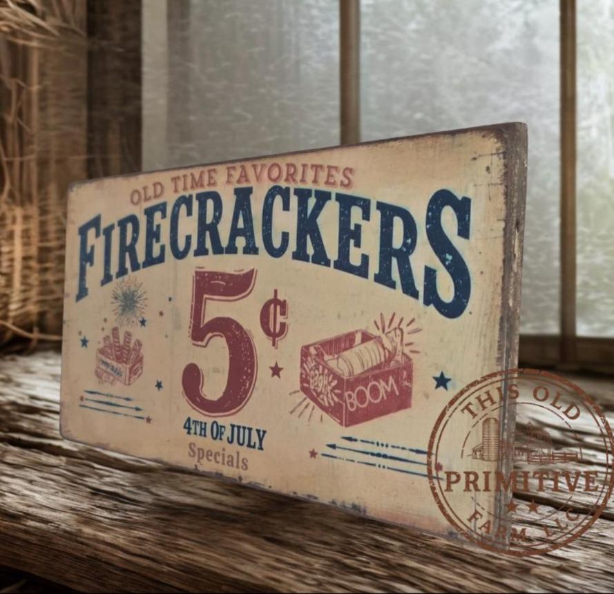 Primitive Firecracker 5 Cents Sign – Rustic Farmhouse Americana Decor – Folk Art Patriotic Sign
