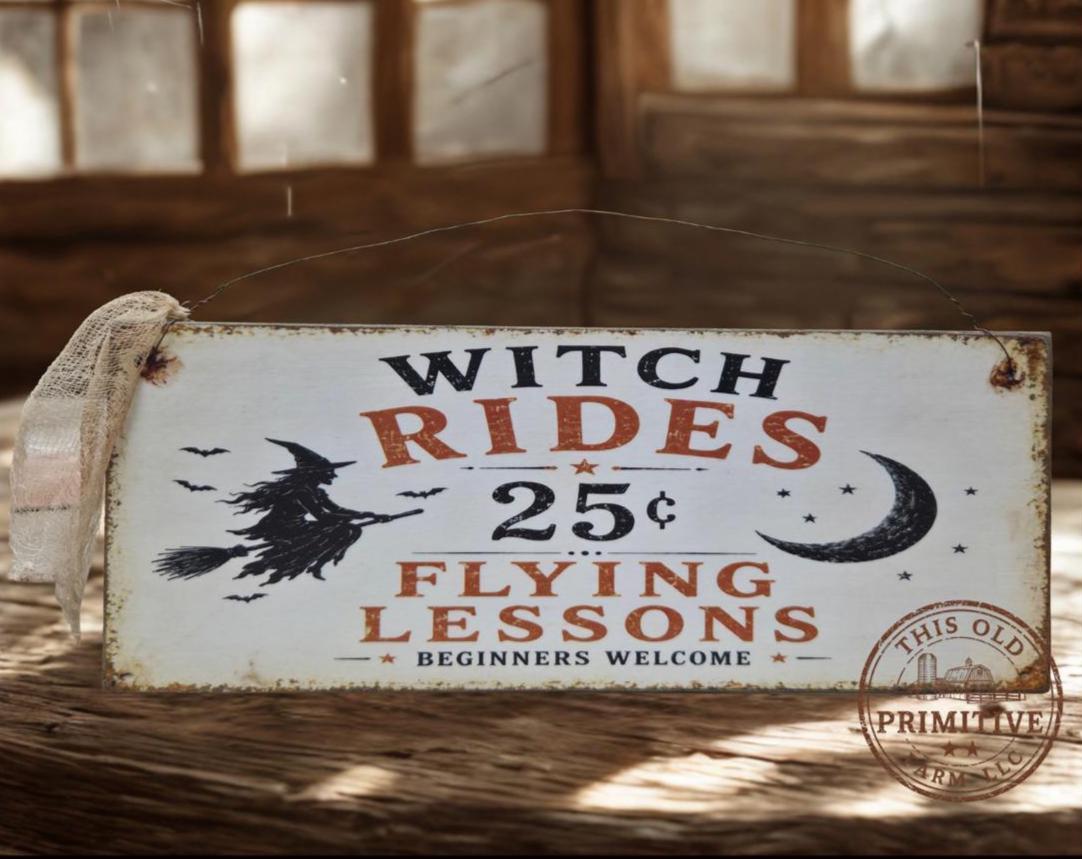 Primitive Witch Flying Lessons Sign | Vintage Halloween Rustic Farmhouse Decor