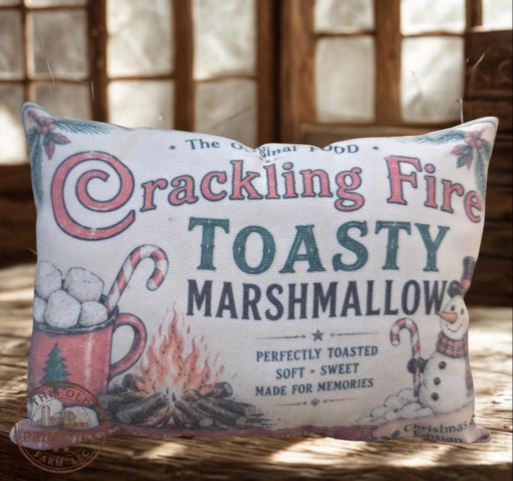 Crackling Fire Toasty Marshmallows Pillow | Vintage Christmas Farmhouse Accent (12x9 inches)