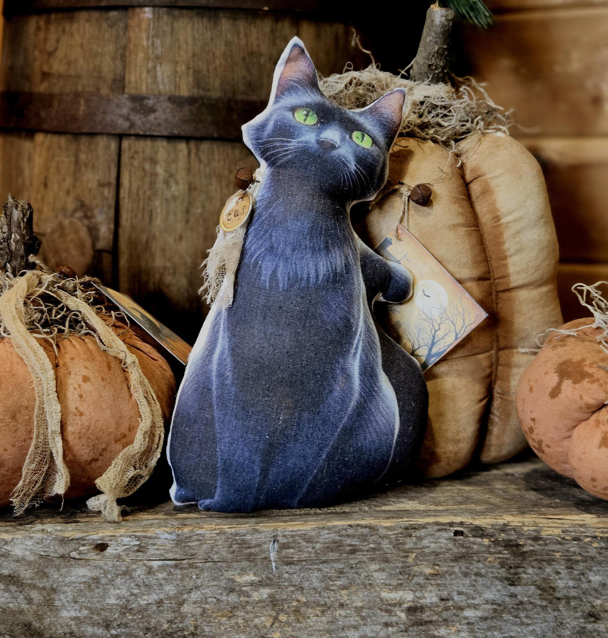 Primitive Cat Pillow: Rustic Farmhouse Decor with 'Meow' Tag