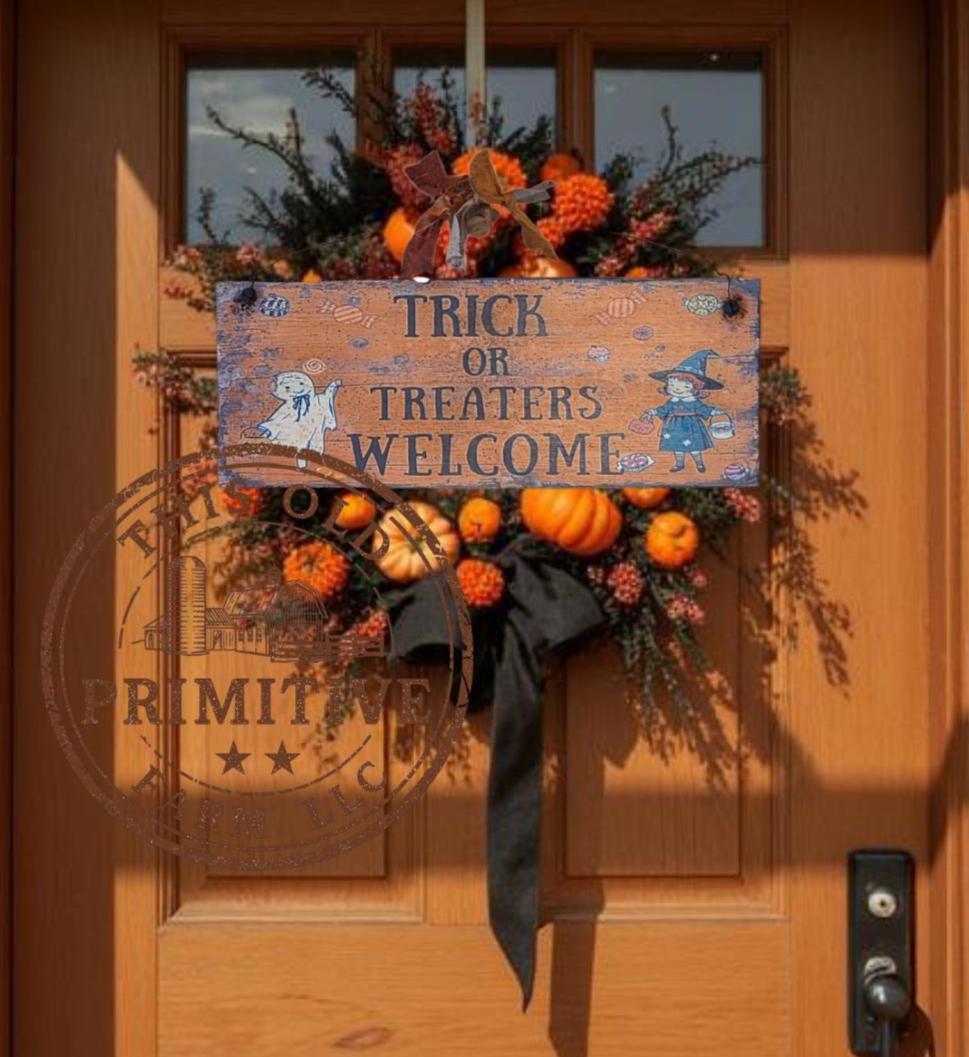 Primitive Halloween Wood Sign | Trick Treaters Welcome Folk Art (13 x 5)