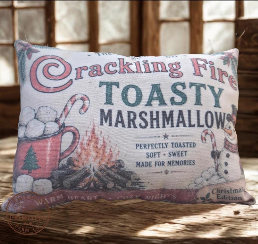 Crackling Fire Toasty Marshmallows Pillow | Vintage Christmas Farmhouse Accent (12x9 inches)