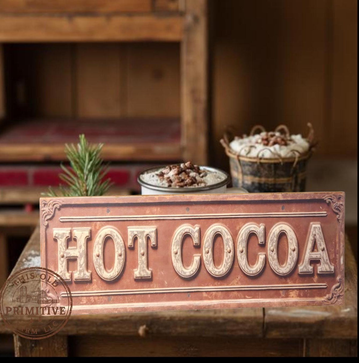 Primitive Hot Cocoa Wood Sign | Vintage Farmhouse Winter Kitchen Decor (13x5)