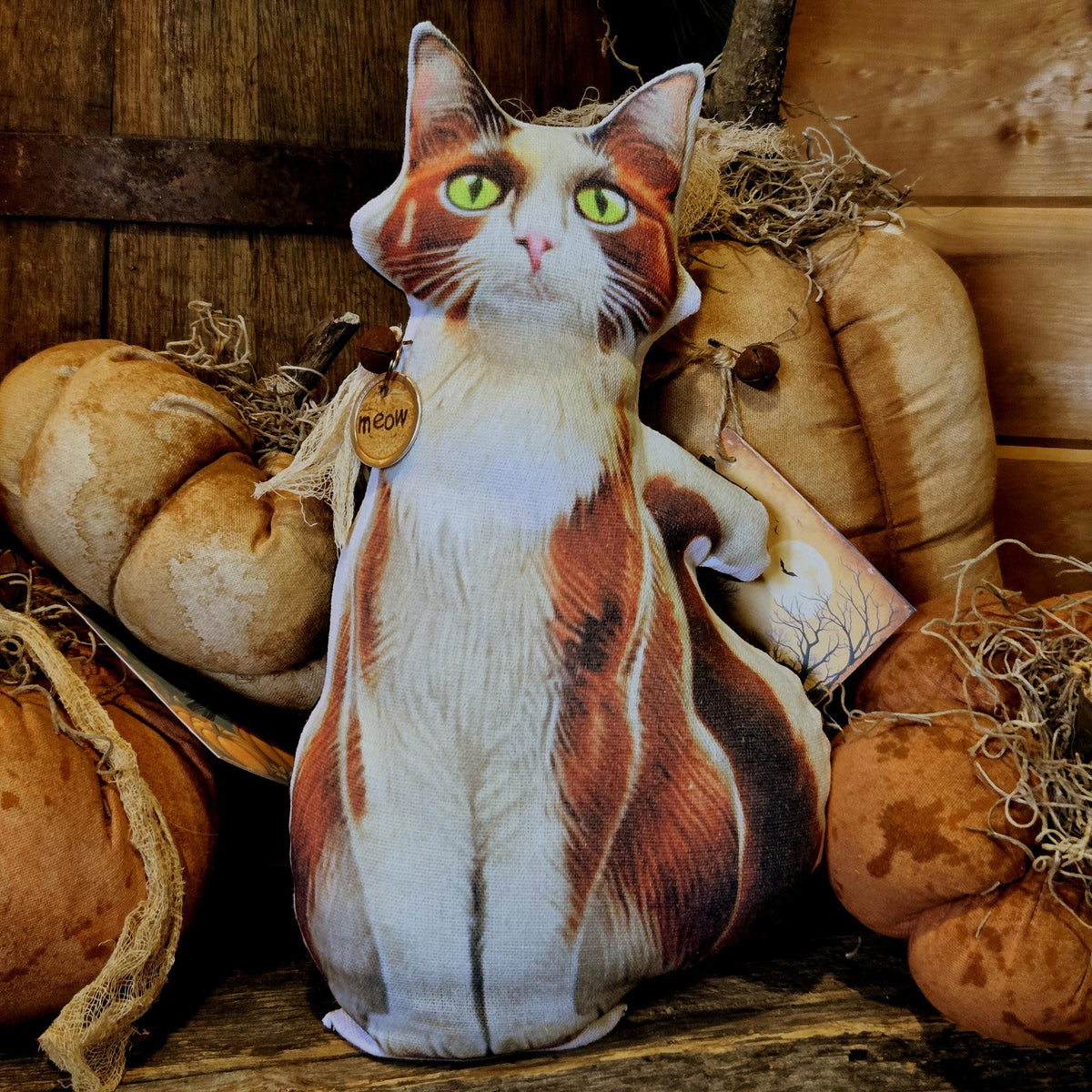 Handmade Primitive Cat Pillow: Rustic Farmhouse Decor with Meow Tag