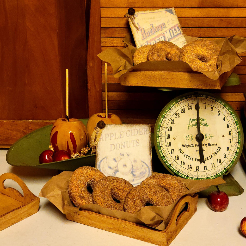 Faux Primitive Cinnamon Sugar Donuts Display | Rustic Wooden Tray, Aged Cider Mill Sign