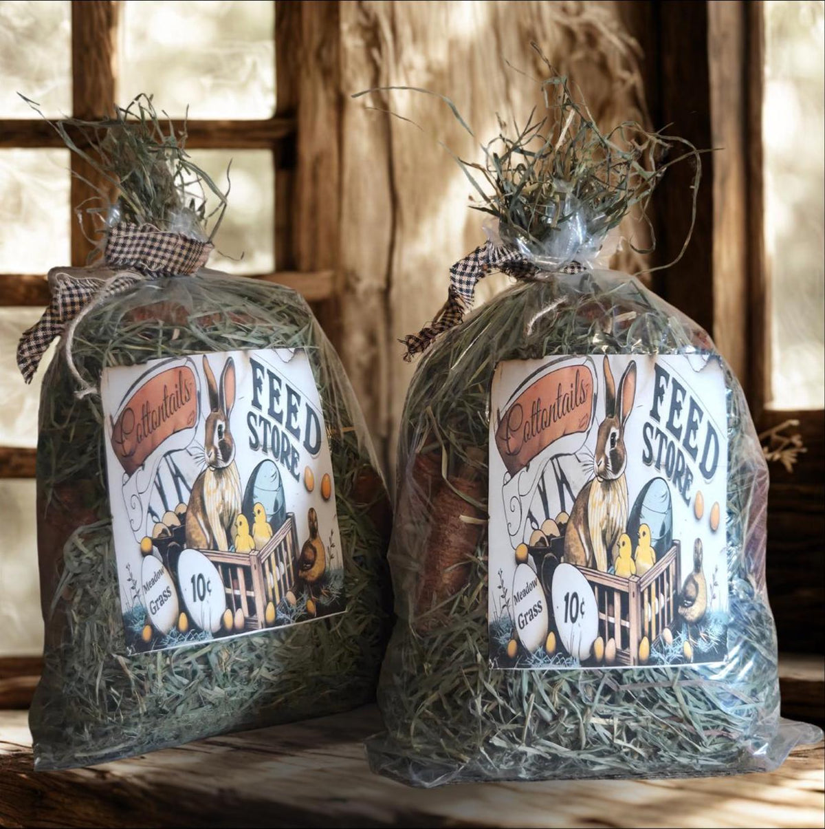 Primitive Cottontails Farm Feed Store Meadow Grass Sack – Basket Filler with Grunged Carrots