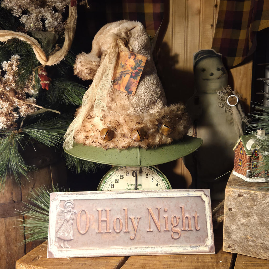Premium Limited Edition Primitive Rustic Santa Hat Tree Topper | Handcrafted Cream Plush with Rusty Jingle Bells