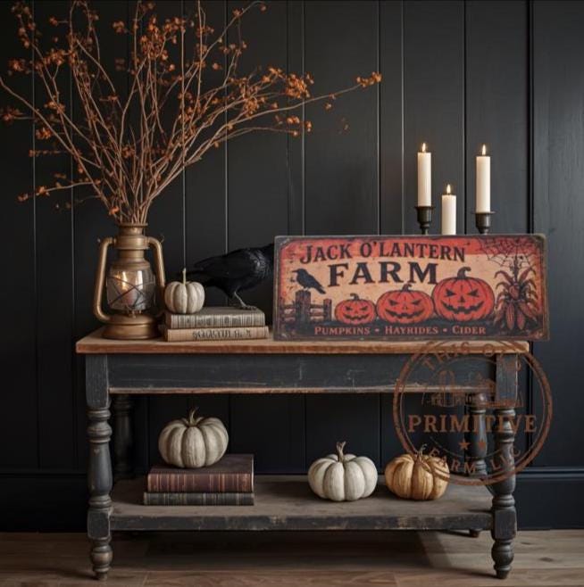 Jack O Lantern Farm Halloween Sign | Rustic Folk Art Wood Decor (13 x 5)