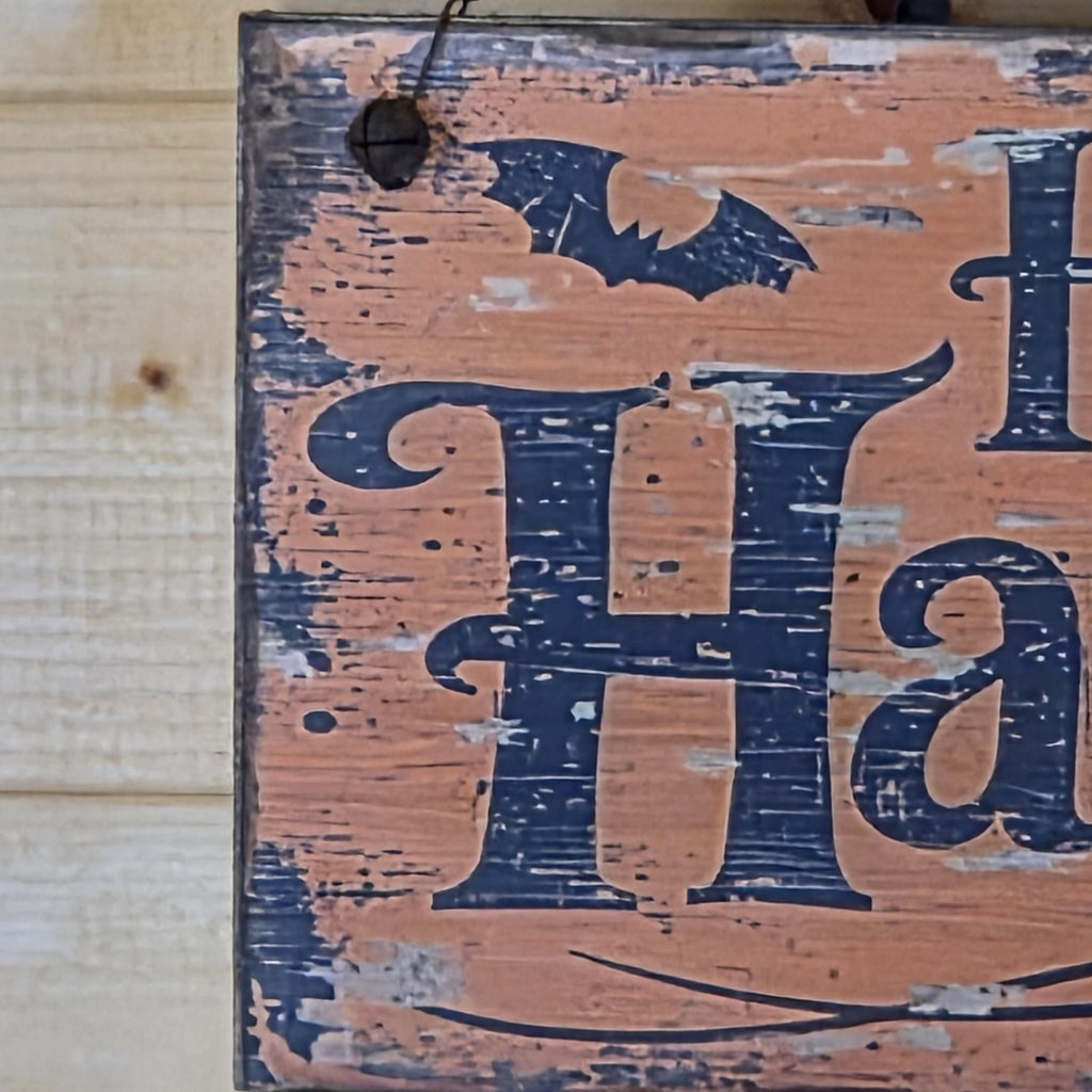 Primitive Happy Halloween Wood Sign | Rustic Farmhouse Folk Art Decor (13" x 5")