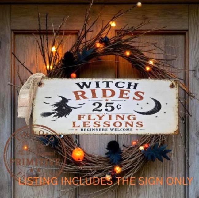 Primitive Witch Flying Lessons Sign | Vintage Halloween Rustic Farmhouse Decor