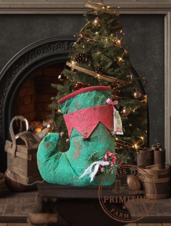 Primitive Elf Boot Candy Holder | Farmhouse Christmas Decor | Santa Helper Boot | Rustic Holiday Shelf Decor