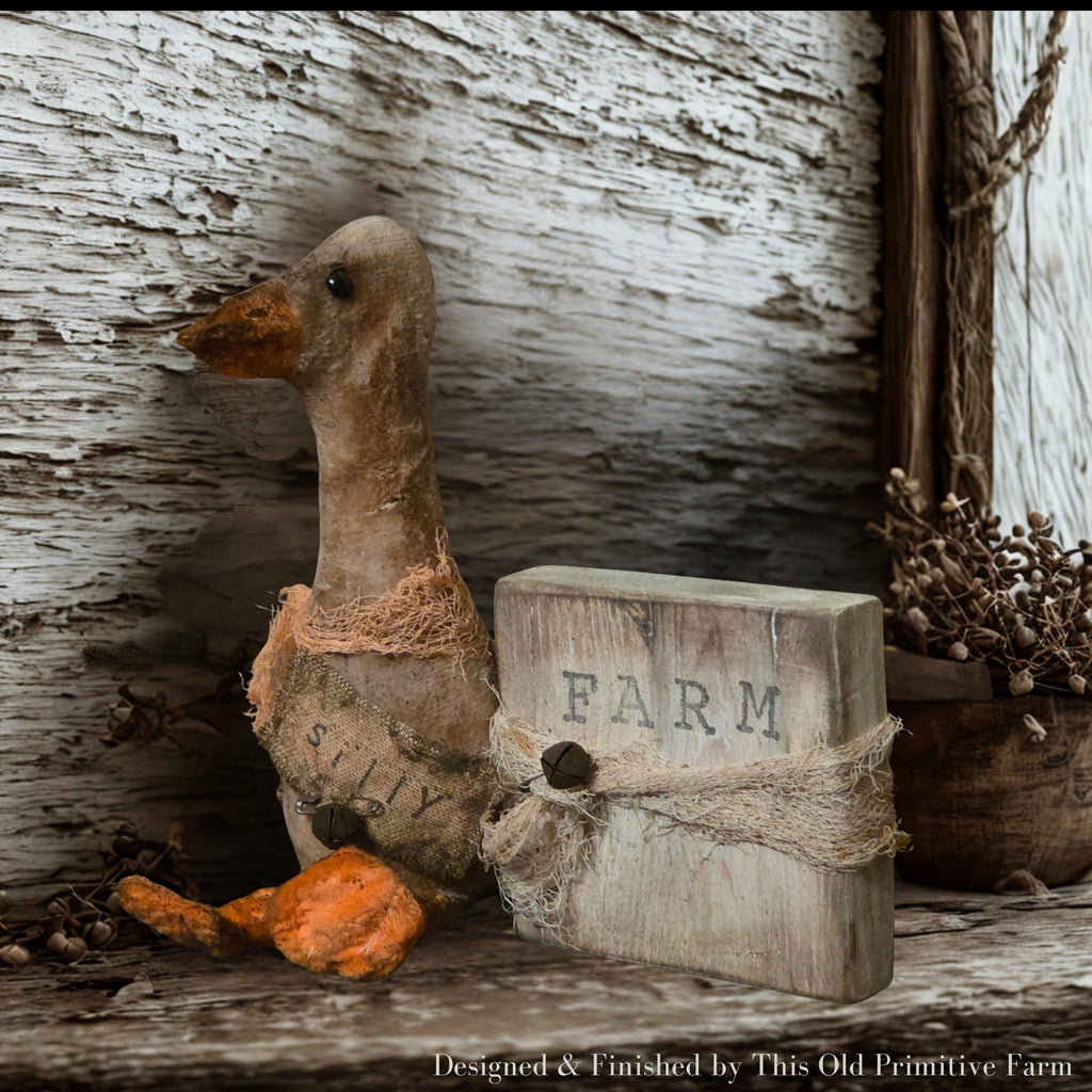 Primitive Farmhouse Goose Shelf Sitter | Rustic Farm Decor, Hand-Stamped Wood Block