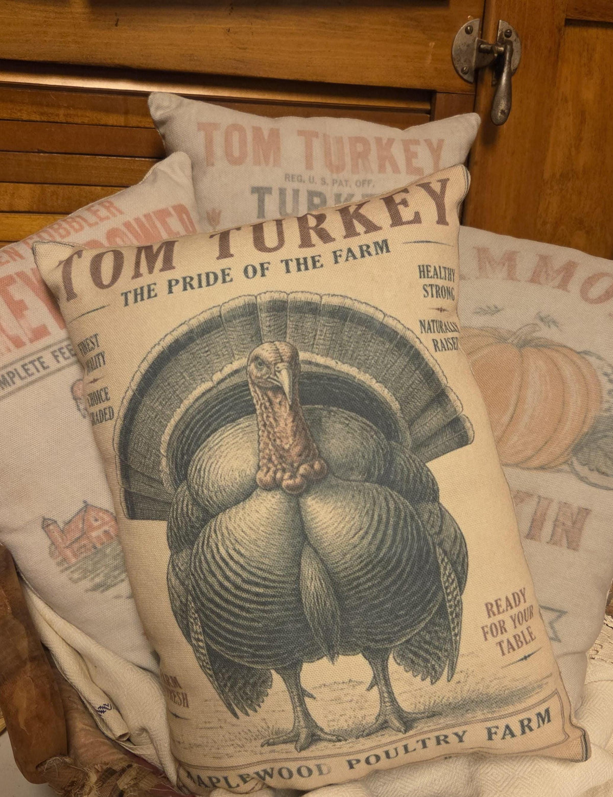 Tom Turkey Pillow, Thanksgiving Feedsack Shelf Sitter, Primitive Farmhouse Fall Decor