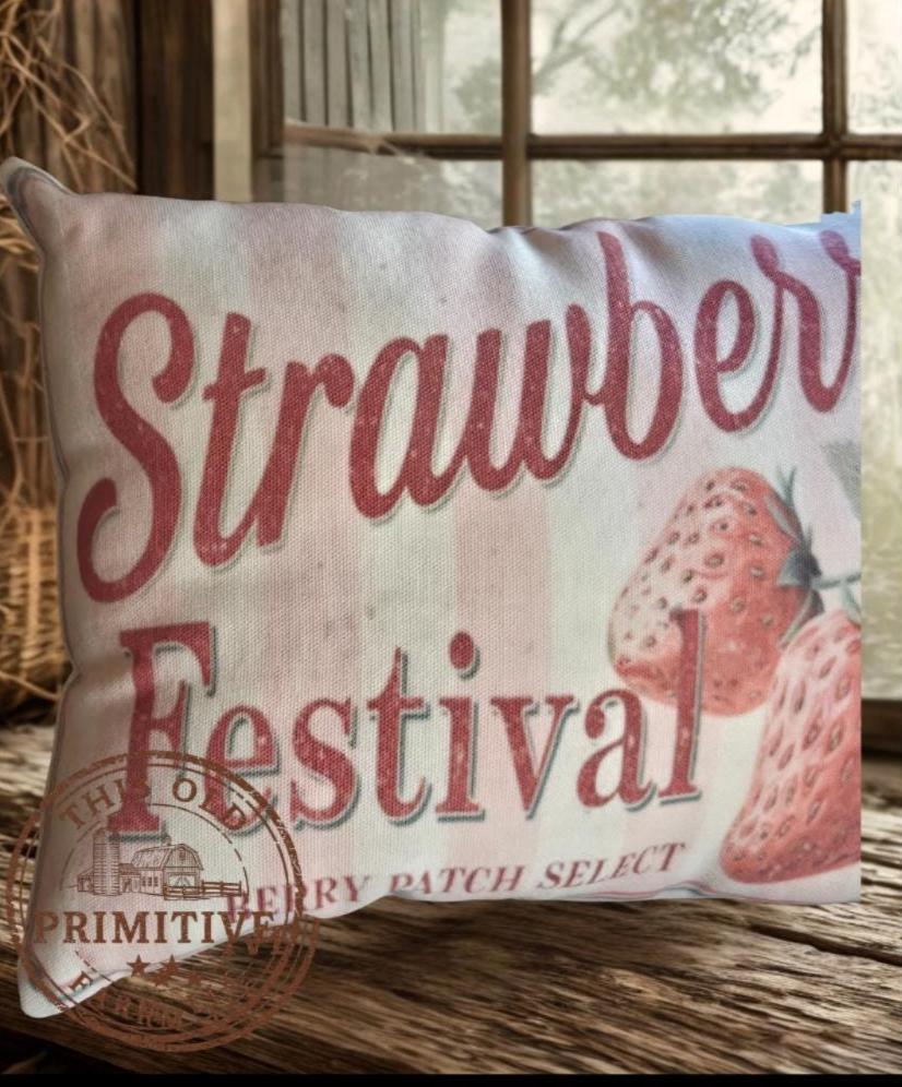Strawberry Festival Pillow | Primitive Farmhouse Berry Crate Decor (12x9)
