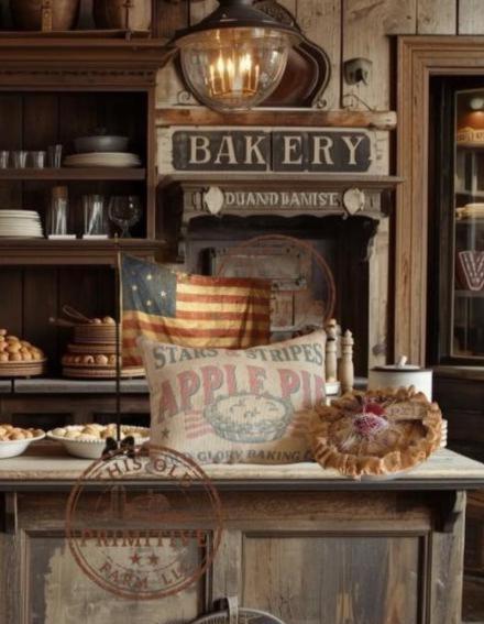 Primitive Apple Pie and Tuck Pillow | Americana Farmhouse Decor | Rustic Patriotic Kitchen Decor | Faux mini apple Pie | Stars and Stripes