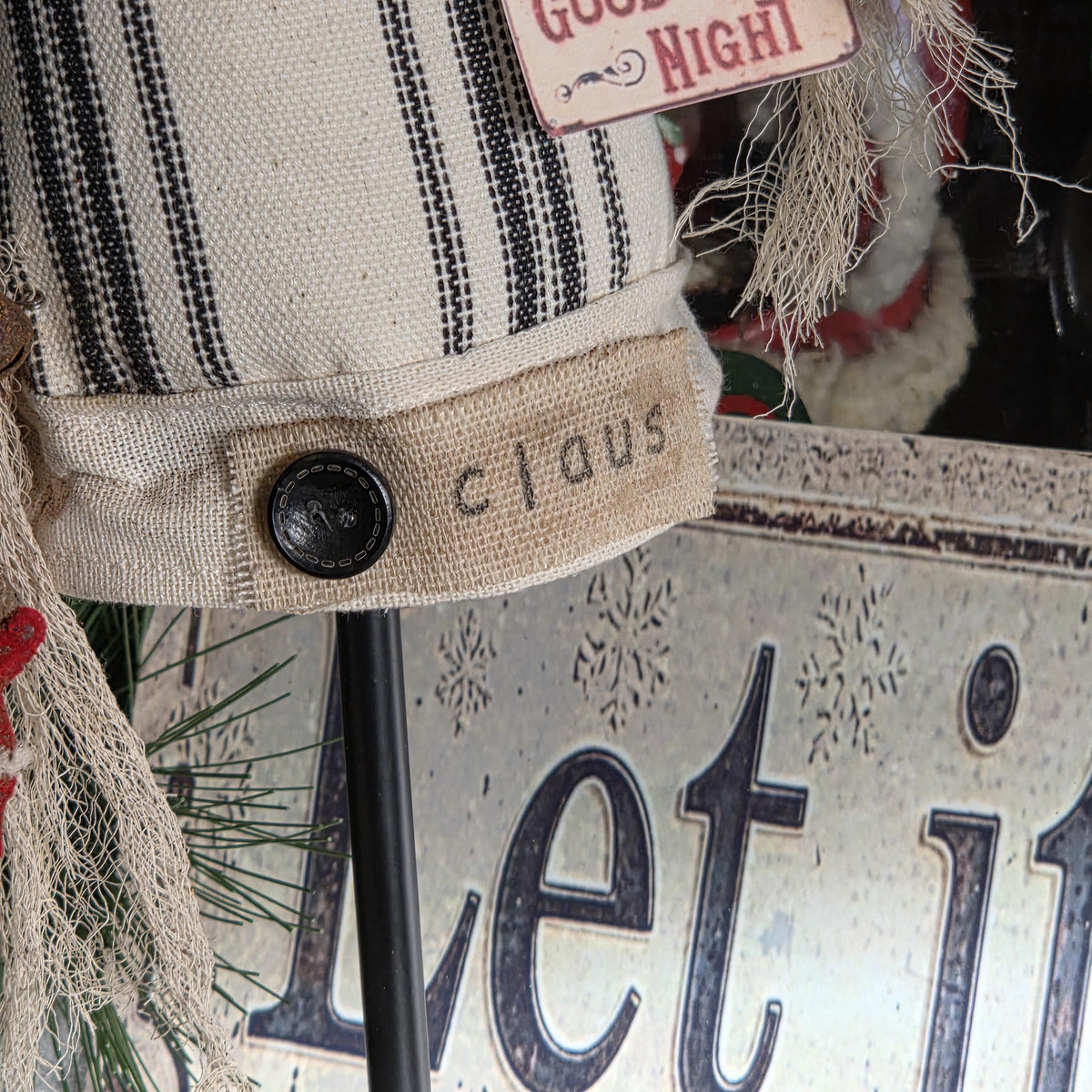 Handmade Farmhouse Santa Hat – Black Cream Duck Cloth, Primitive Christmas Décor