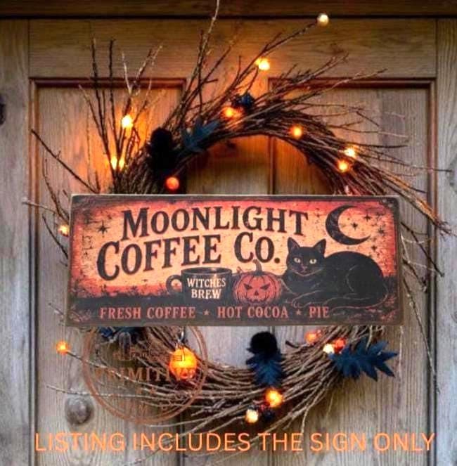 Primitive Witches Brew Coffee Sign | Halloween Folk Art Wood Decor (13" x 5")